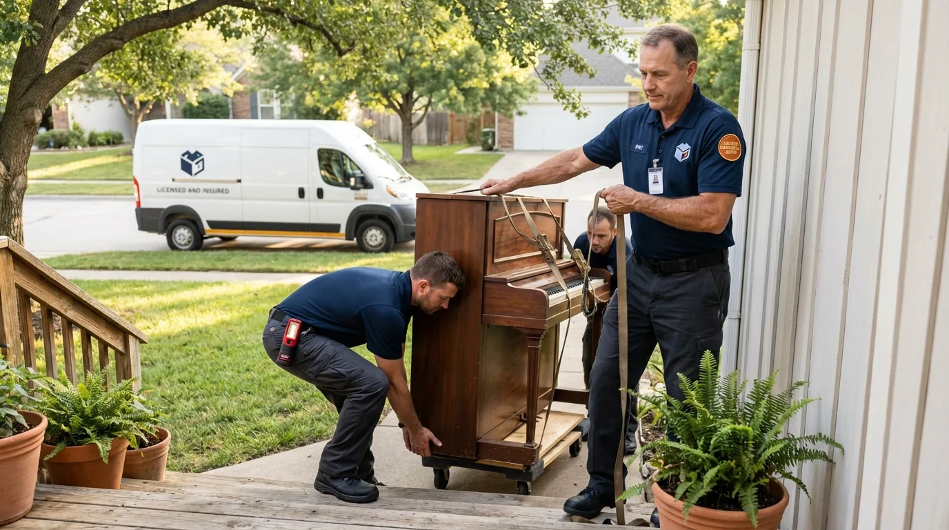 Licensed piano movers securing grand piano in Apison, TN