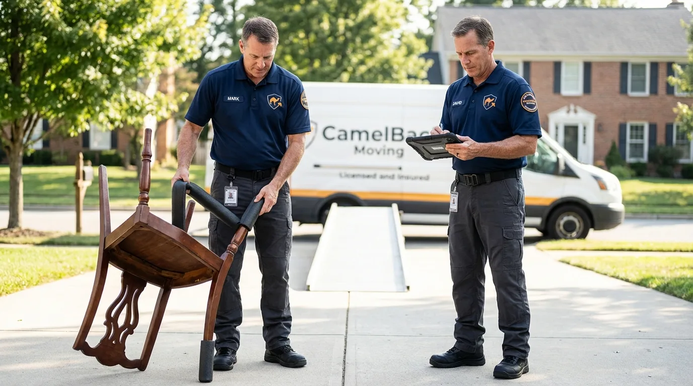 Movers inspecting furniture for damage prevention before loading in Apison, TN
